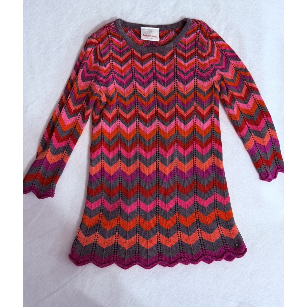 Hanna Andersson Girls Long Sleeve Chevron Zigzag Scalloped Hem Dress Size 100(4)